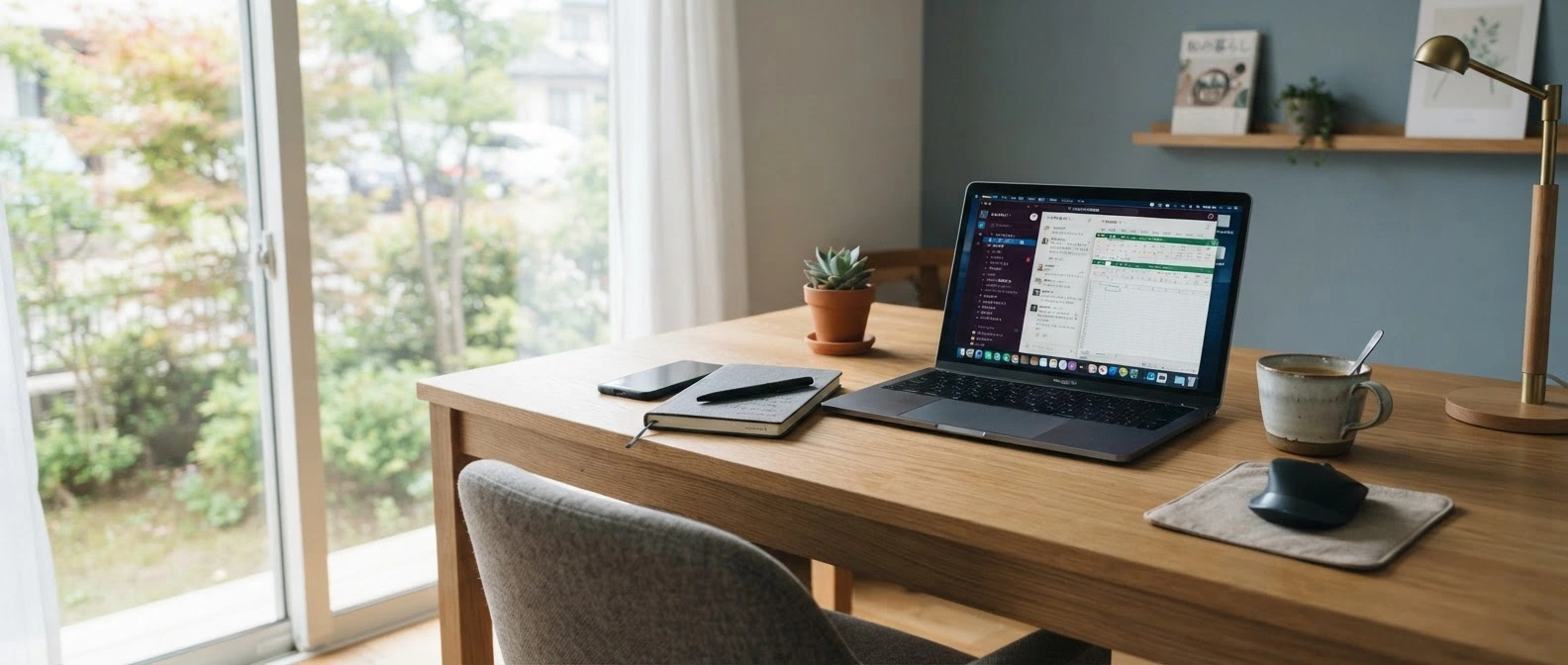 A wooden desk setup featuring an open laptop and a mug beside a bright window overlooking greenery.